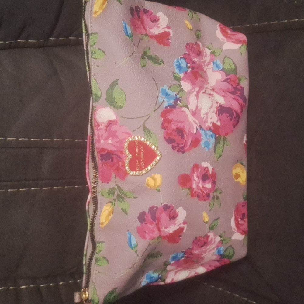 Betsey Johnson Floral Cosmetic Bag with Heart Accent